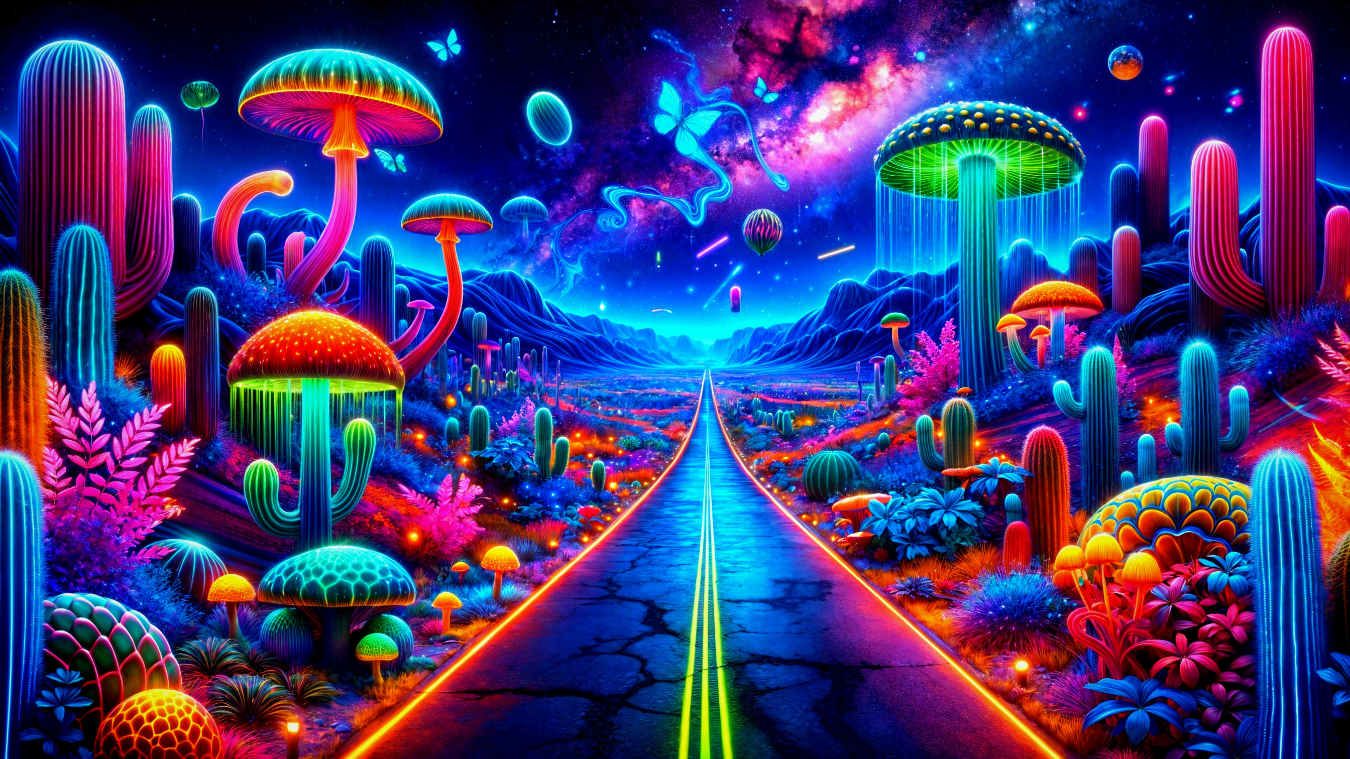 Surreal Landscape with Neon Mushrooms and Cacti