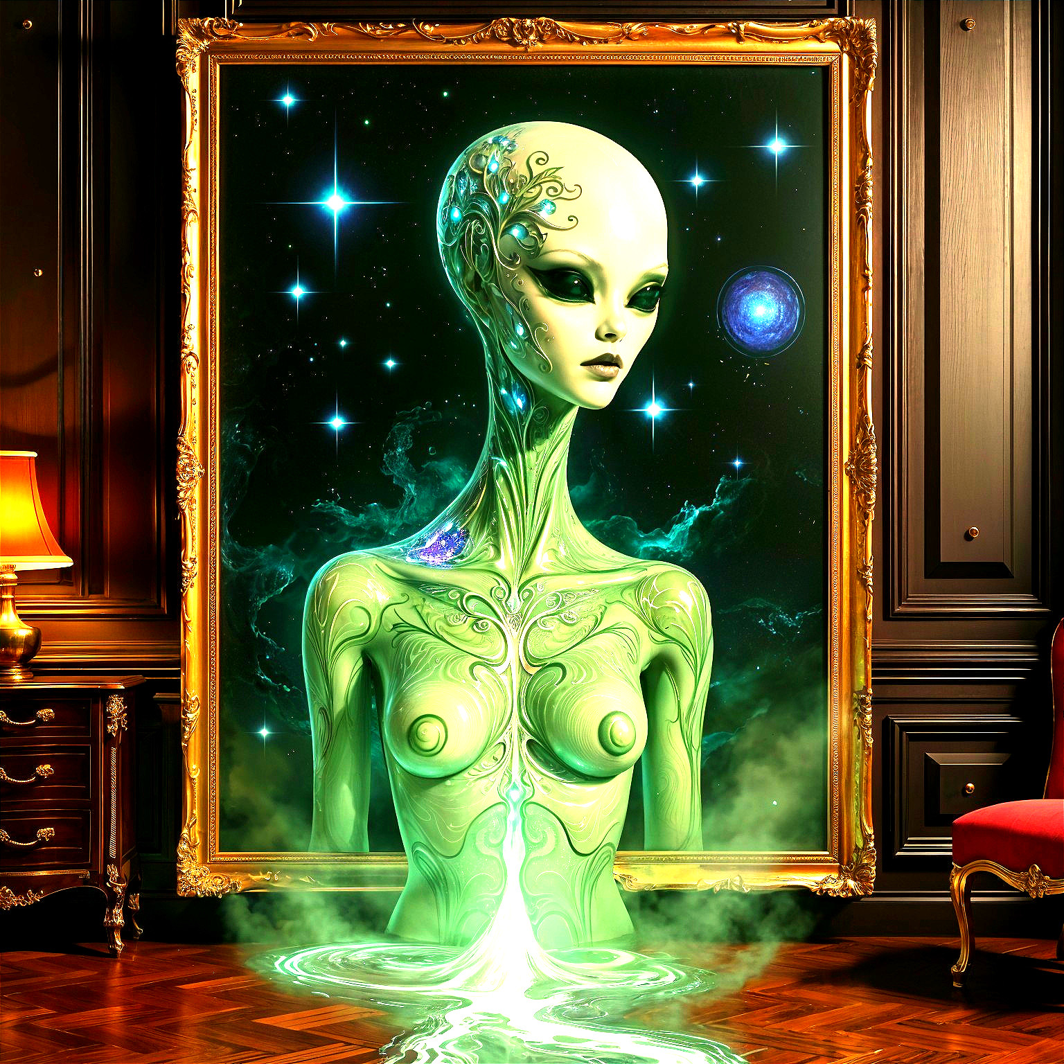 Ornate Frame Surrounds Alien Figure in Cosmic Scene