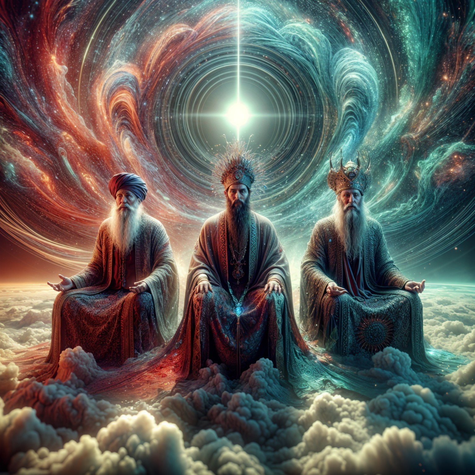 Majestic Figures on Clouds in Cosmic Setting