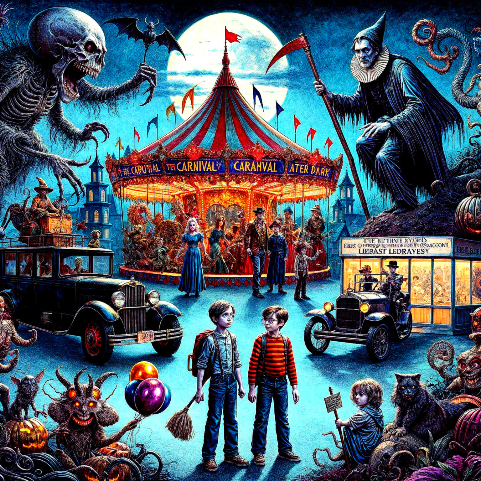 Dark Carnival Scene with Spooky Carousel and Characters