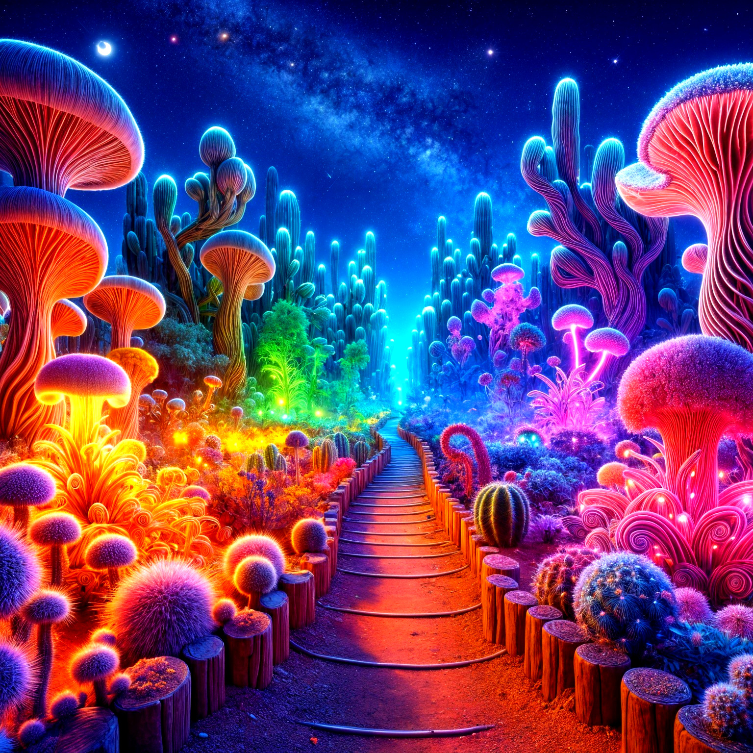 Surreal Landscape with Glowing Mushrooms and Cacti