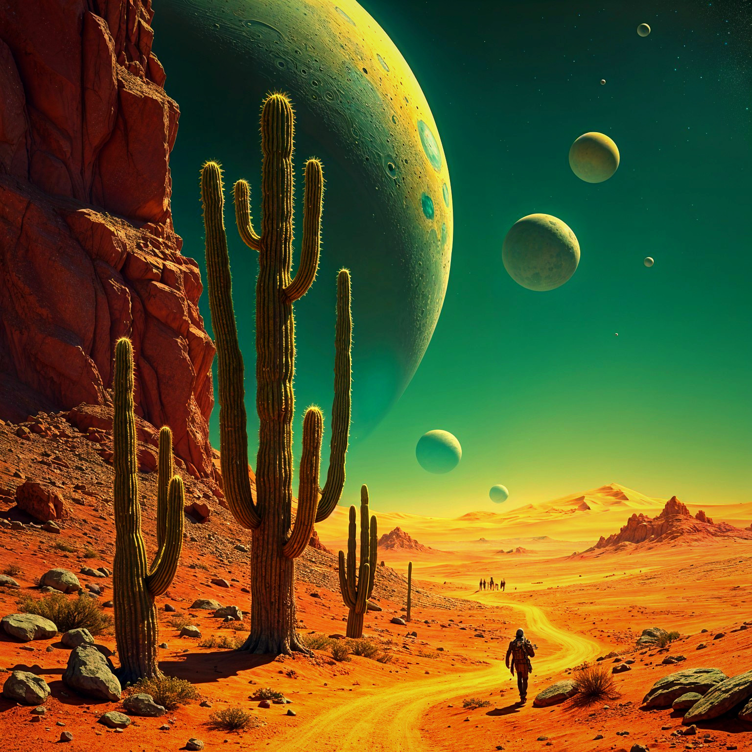 Surreal Alien Landscape with Towering Cacti and Planets