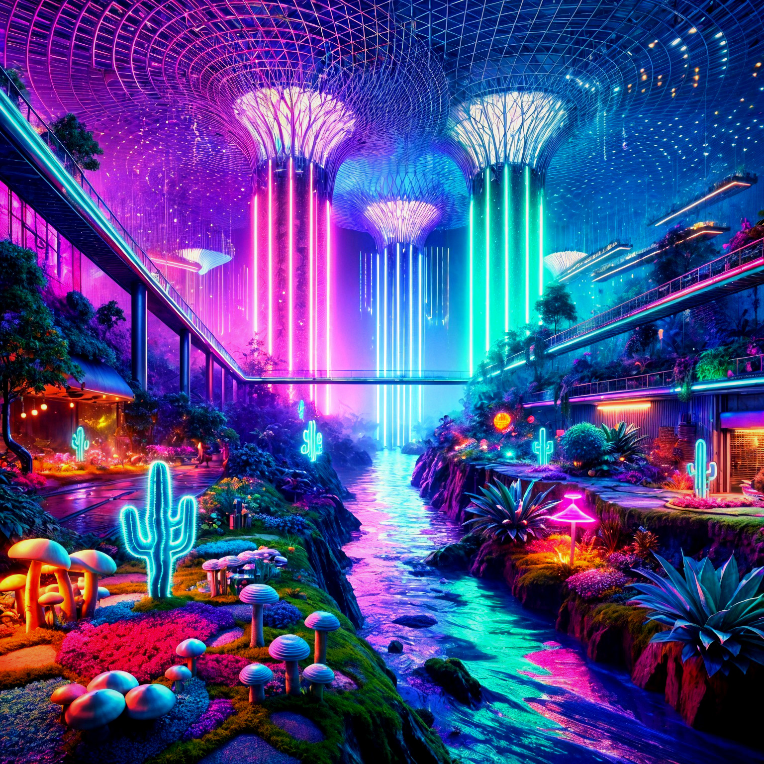 Futuristic landscape with illuminated trees and waterway