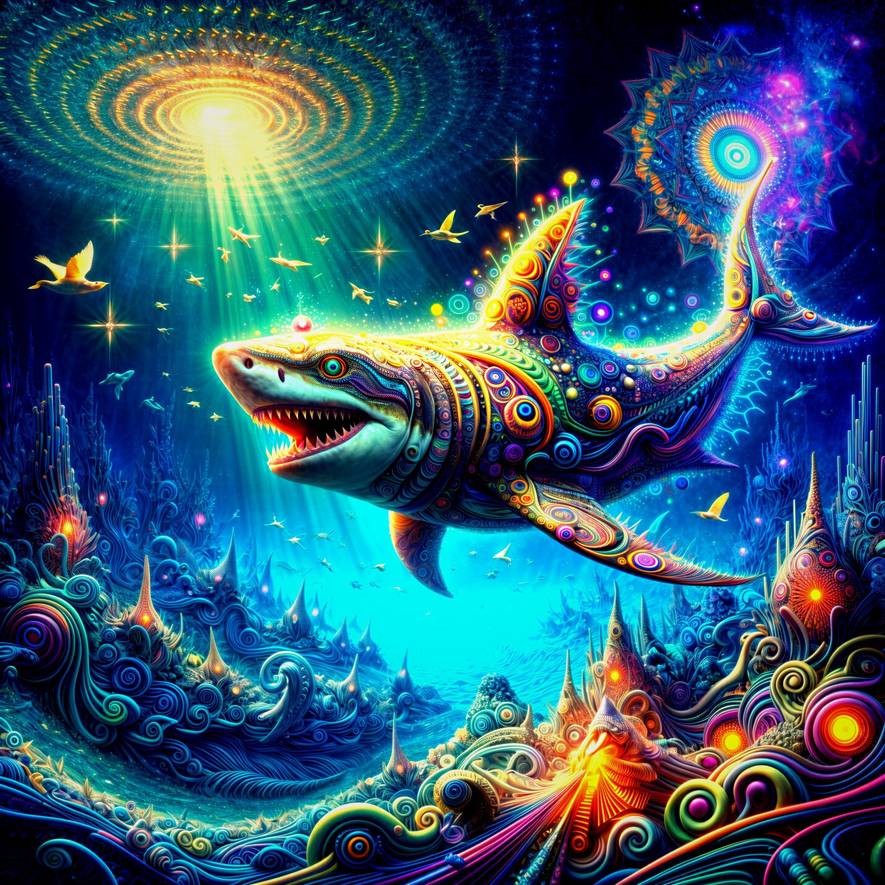 Psychedelic Shark in Surreal Cosmic Ocean Scene