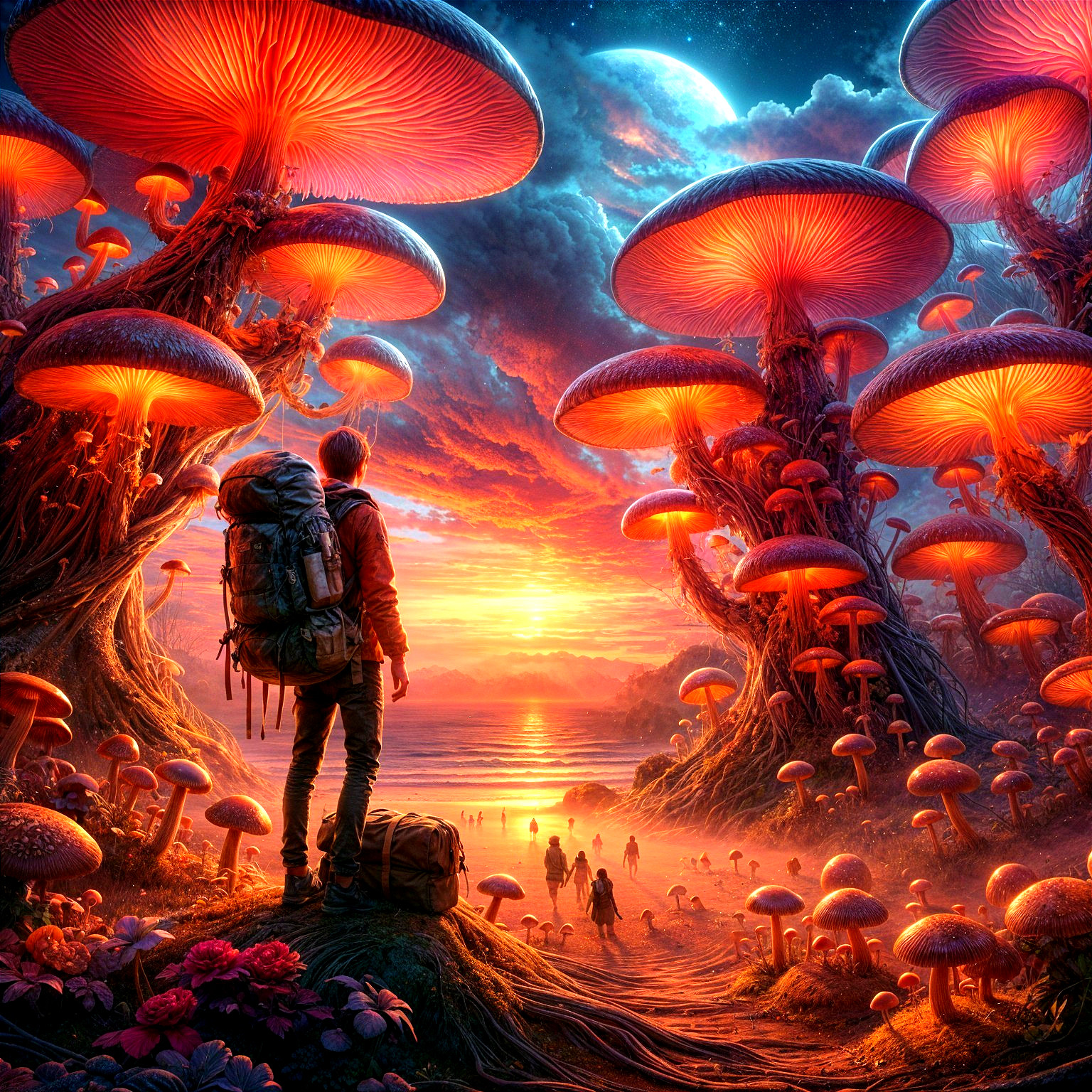 Traveler in a bioluminescent mushroom landscape at sunset