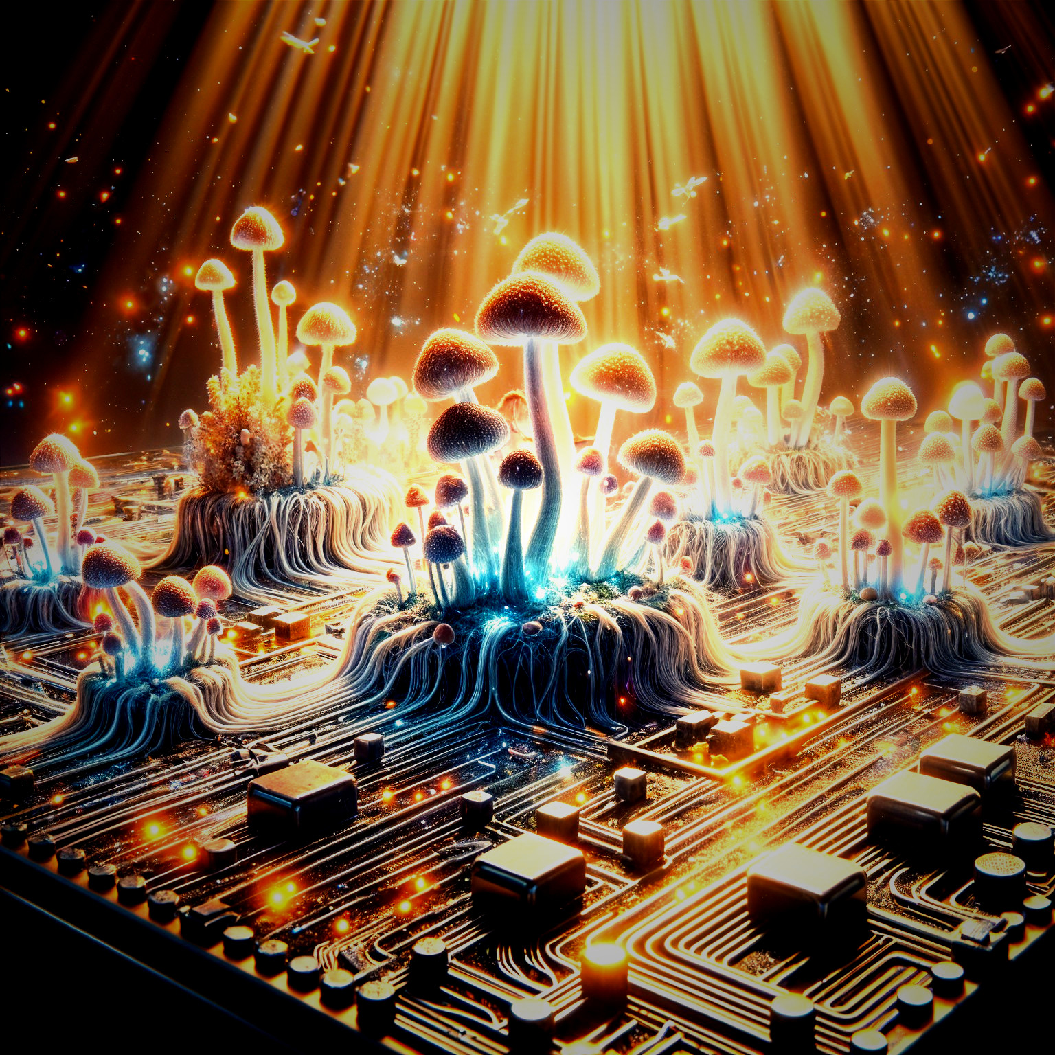 Vibrant Mushrooms on a Circuit Board Landscape