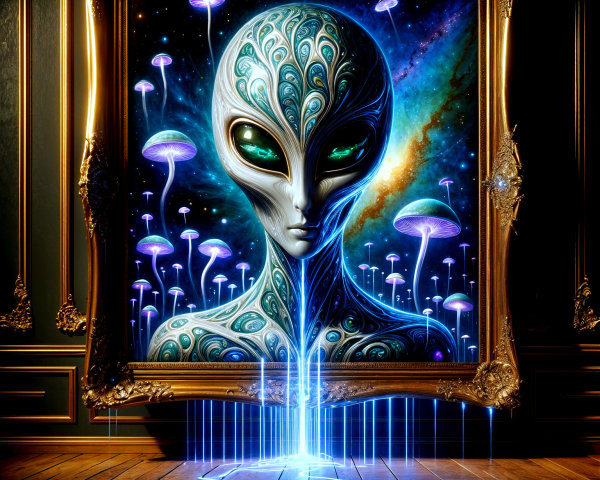 Alien Figure in Ornate Frame with Cosmic Background