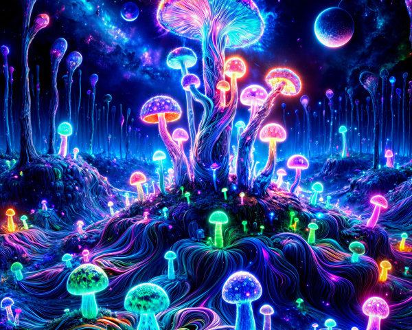 Vibrant Otherworldly Landscape with Luminous Mushrooms