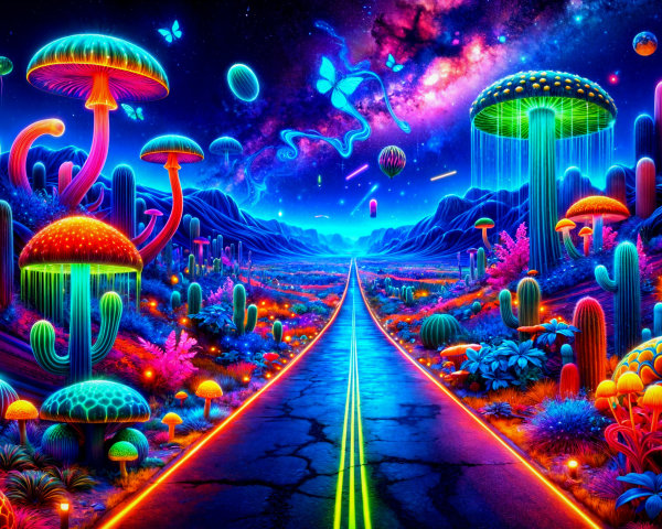 Surreal Landscape with Neon Mushrooms and Cacti