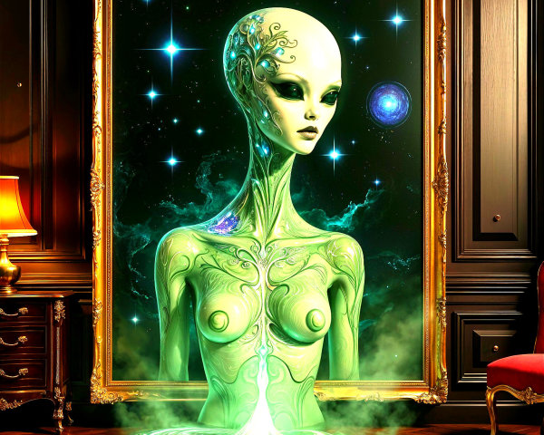 Ornate Frame Surrounds Alien Figure in Cosmic Scene