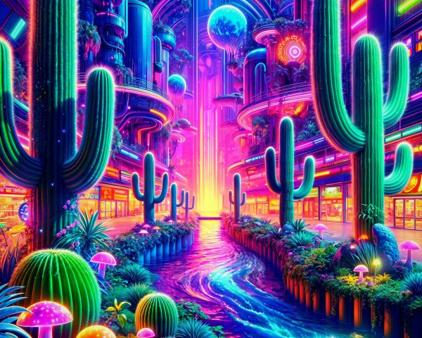 Futuristic Cityscape with Neon Colors and Nature