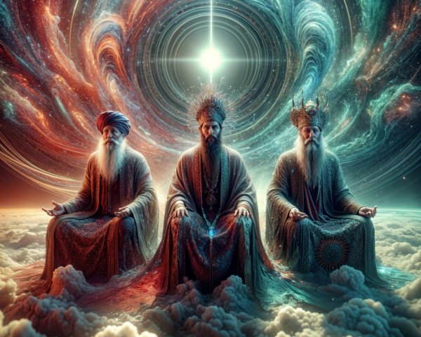 Majestic Figures on Clouds in Cosmic Setting