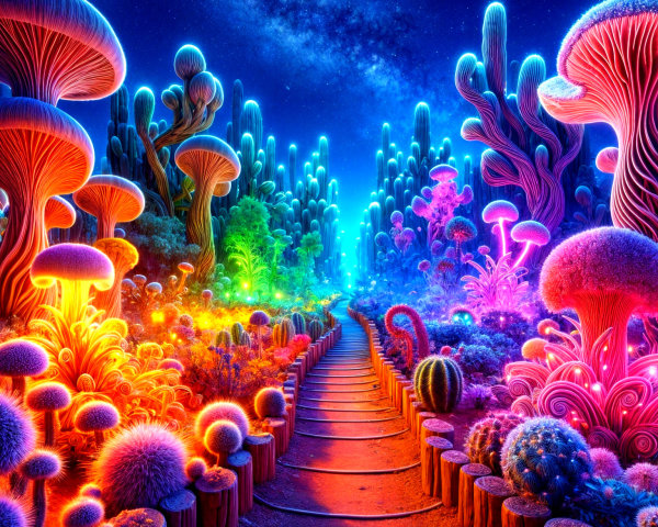 Surreal Landscape with Glowing Mushrooms and Cacti
