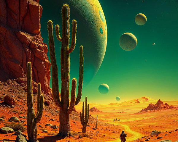 Surreal Alien Landscape with Towering Cacti and Planets