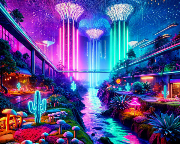 Futuristic landscape with illuminated trees and waterway