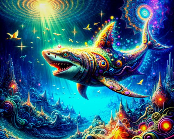 Psychedelic Shark in Surreal Cosmic Ocean Scene