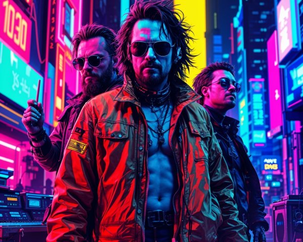 Cyberpunk Cityscape with Edgy Figures in Neon Lights