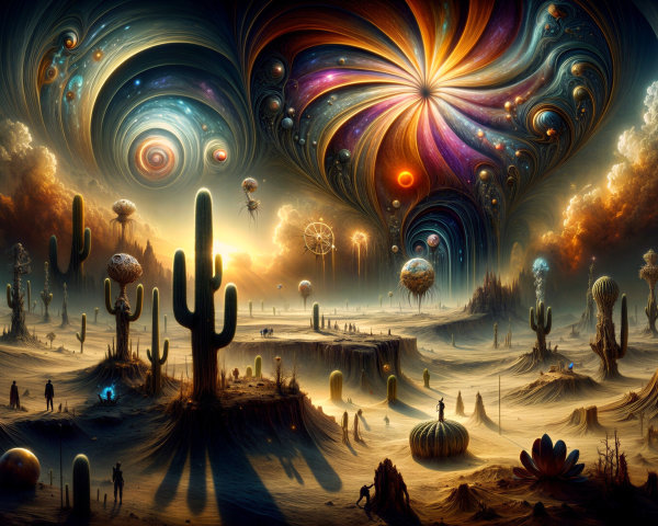 Surreal Cosmic Landscape with Cacti and Ethereal Glow