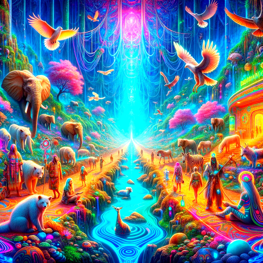 Surreal Landscape with Animals and Vibrant Flora