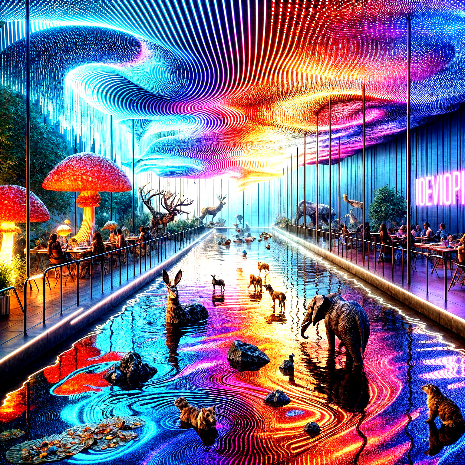 Surreal Environment with Colorful Light and Creatures