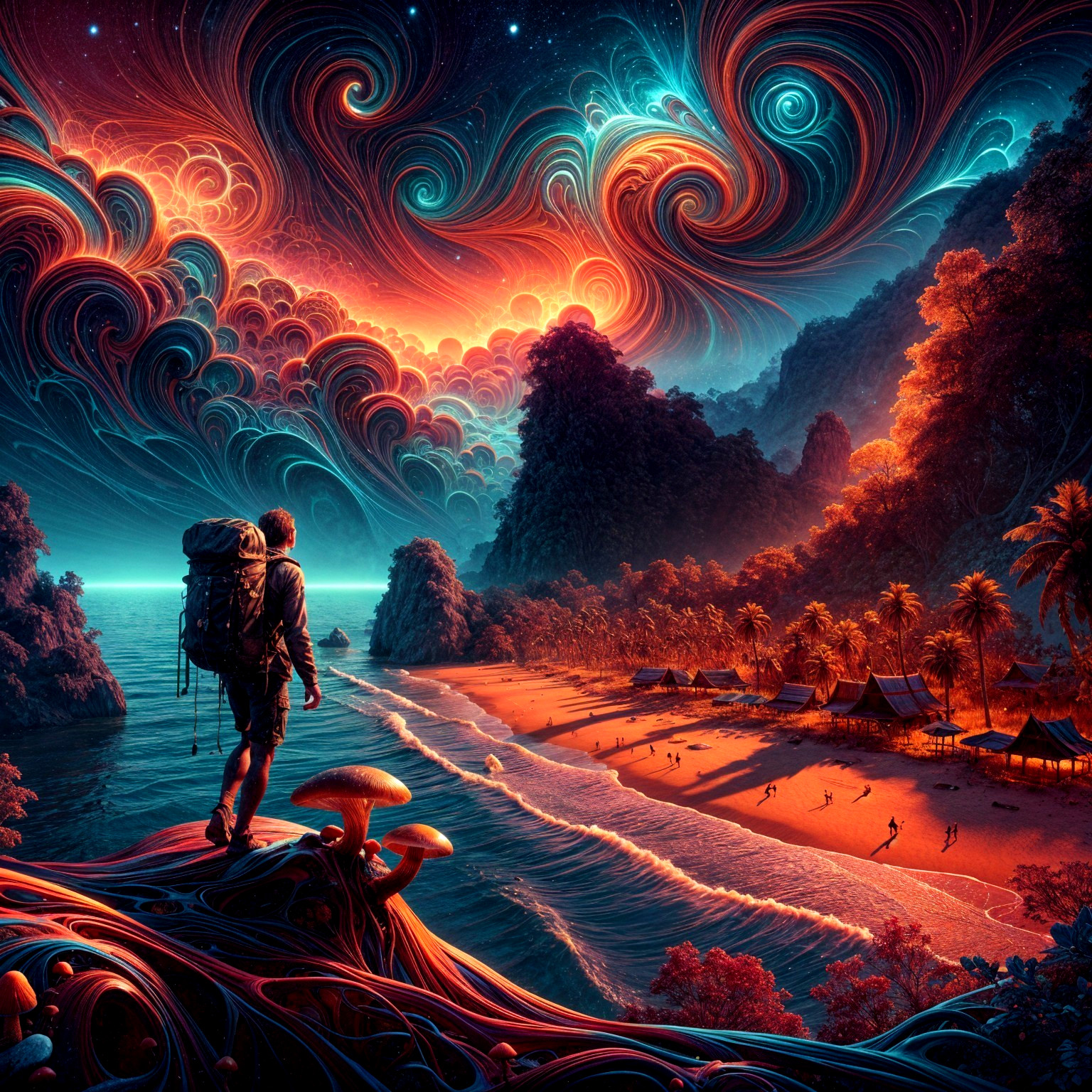 Surreal Landscape with Vibrant Colors and Tranquil Beach