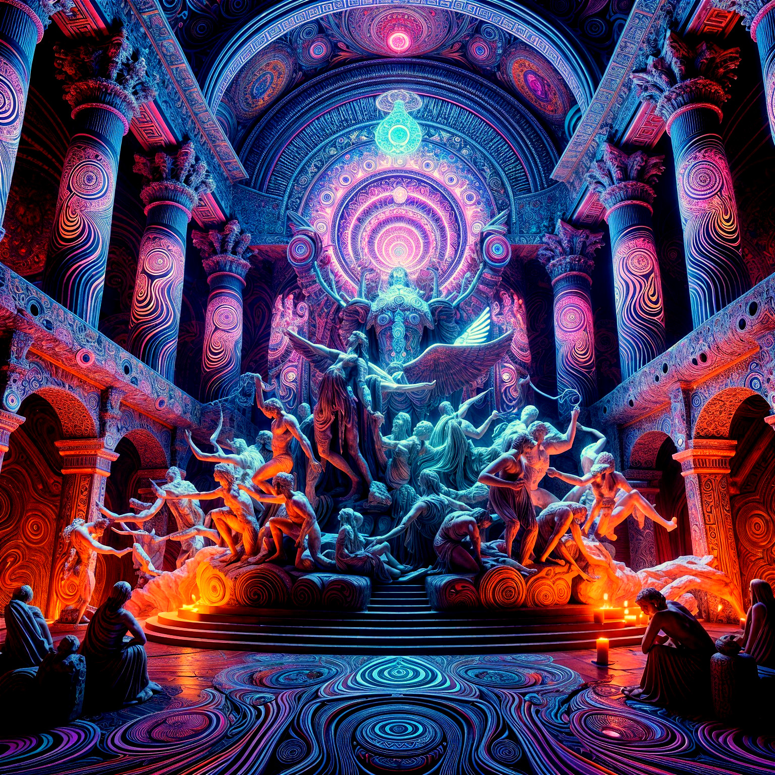 Surreal Hall with Glowing Patterns and Sculptural Group