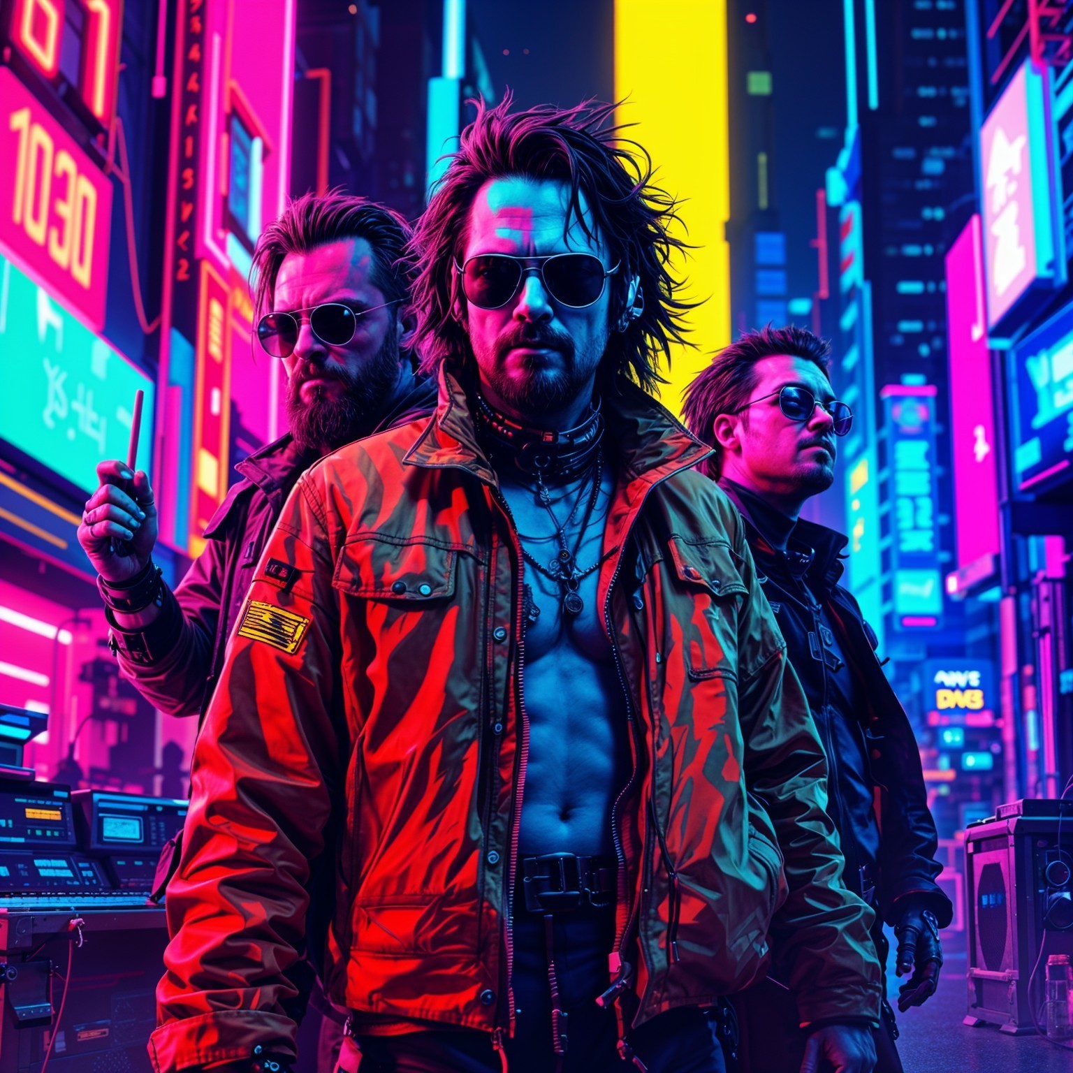 Cyberpunk Cityscape with Edgy Figures in Neon Lights
