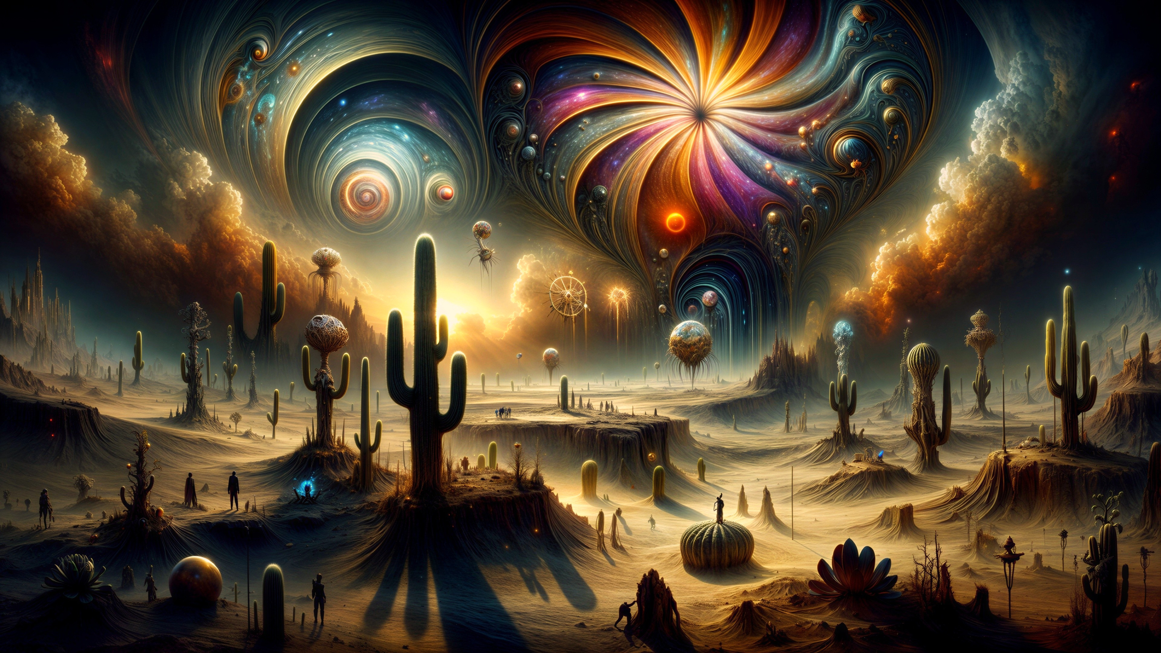 Surreal Cosmic Landscape with Cacti and Ethereal Glow