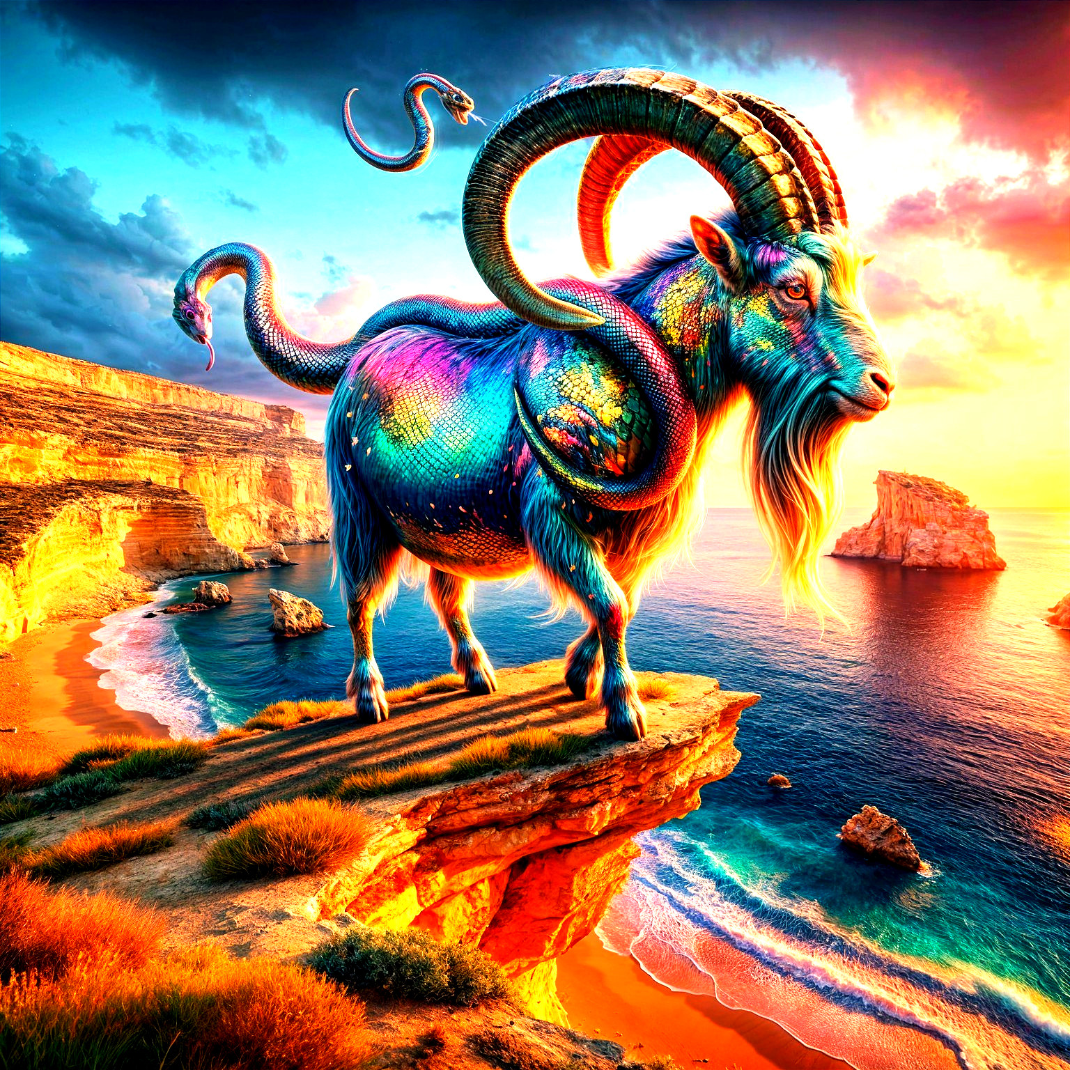 Mythical Creature on a Cliff at Sunset Over Ocean