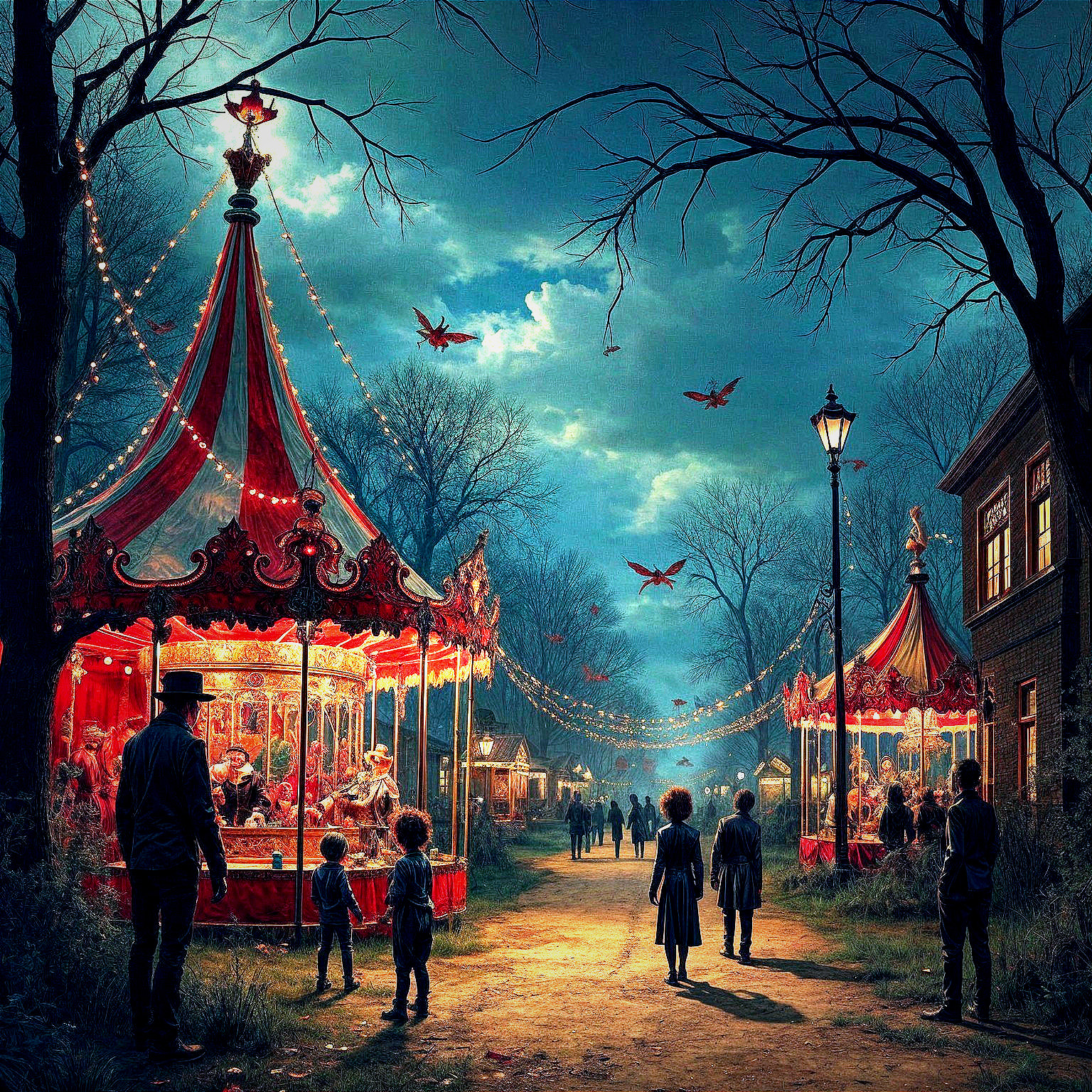 Whimsical Carnival Scene Under Twilight Sky