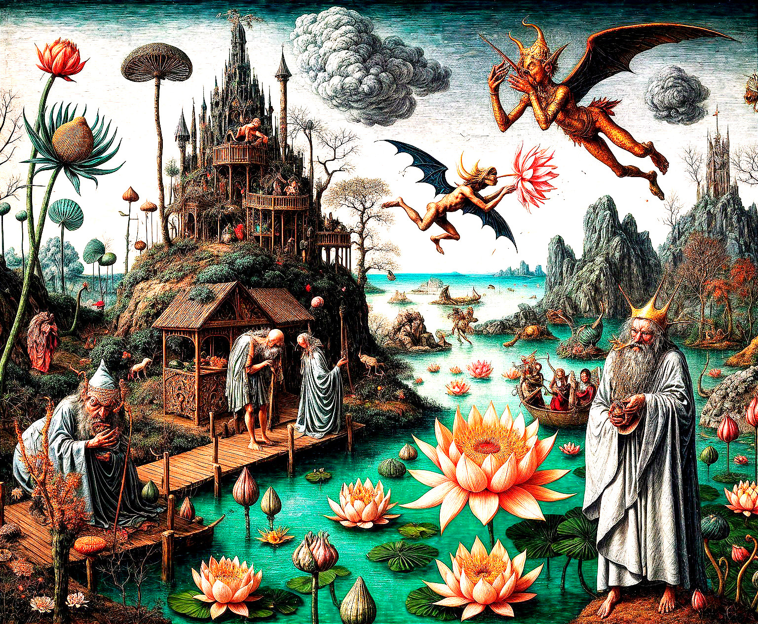 Surreal Landscape with Mystical Beings and Flora