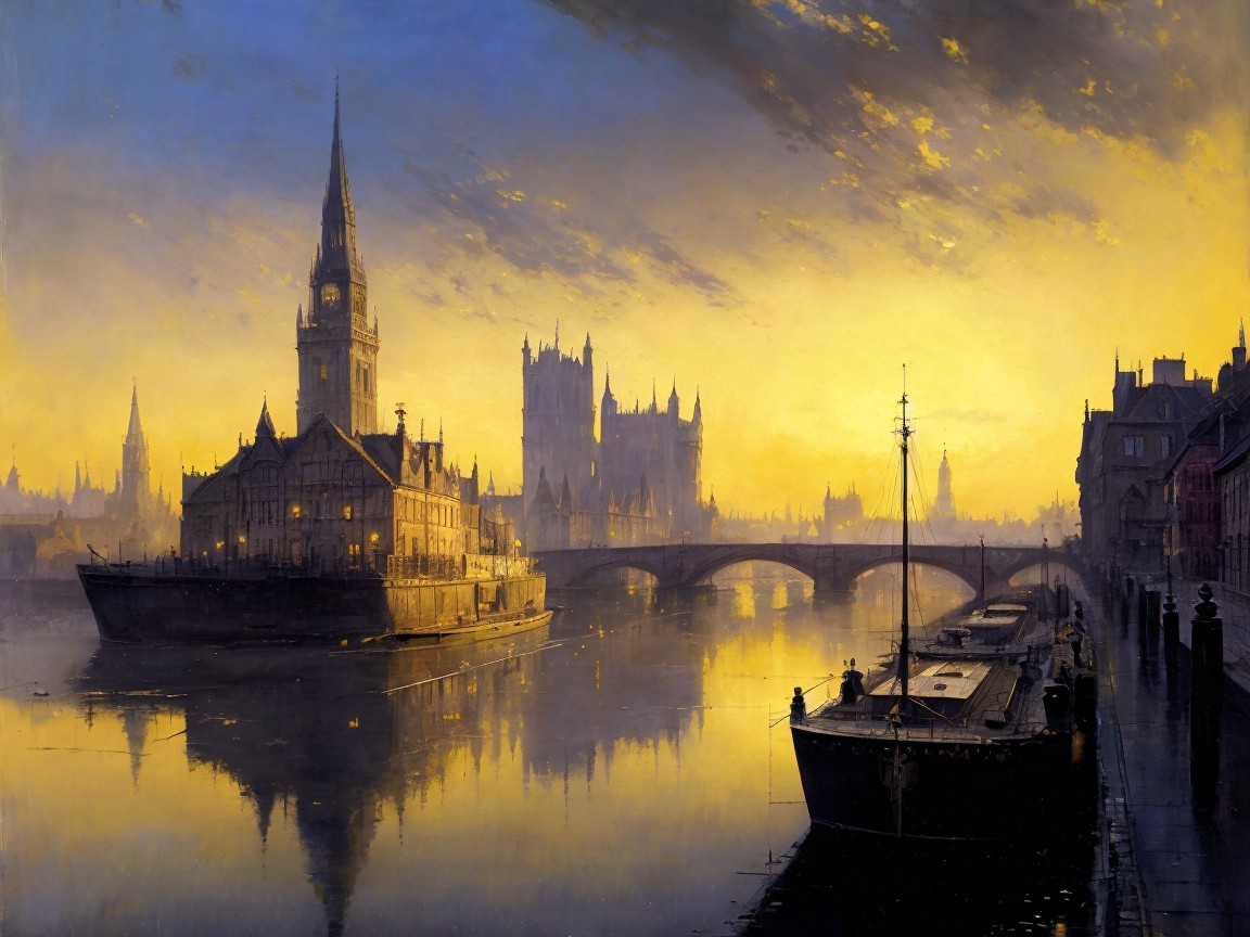 Serene Riverside View at Dawn with Clock Tower and Boats