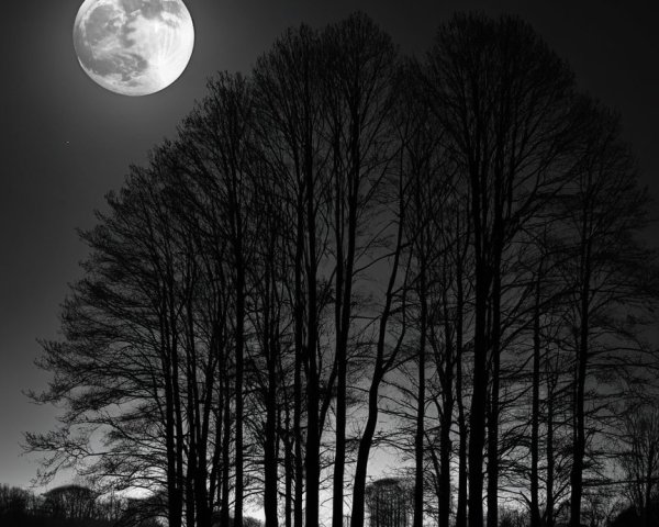 Black-and-White Night Scene with Large Moon and Trees