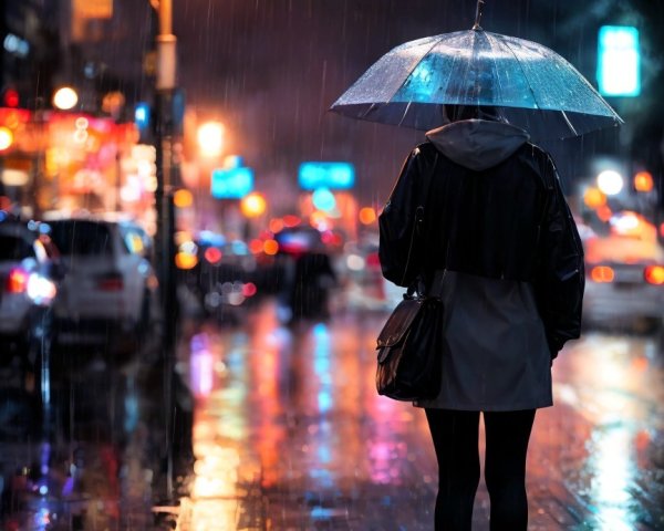 Silhouette of Figure with Umbrella in Rainy City Night