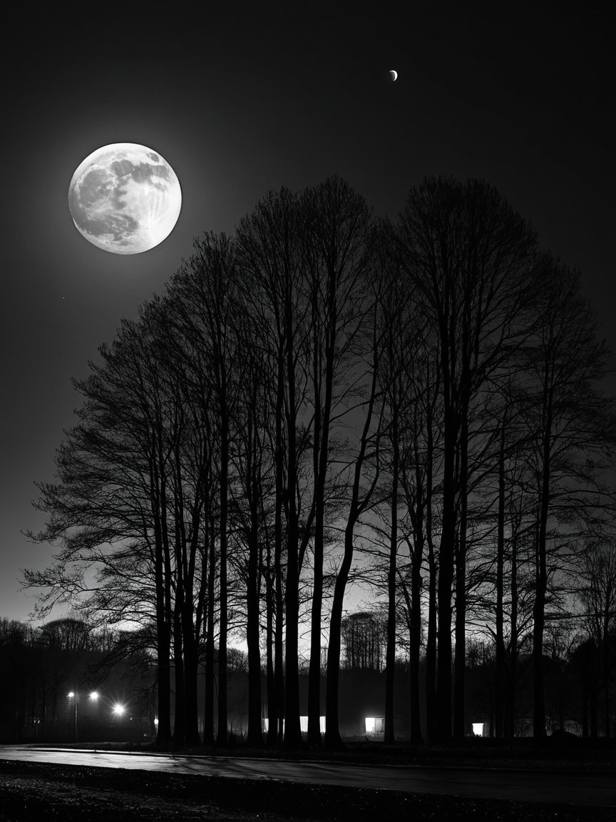 Black-and-White Night Scene with Large Moon and Trees