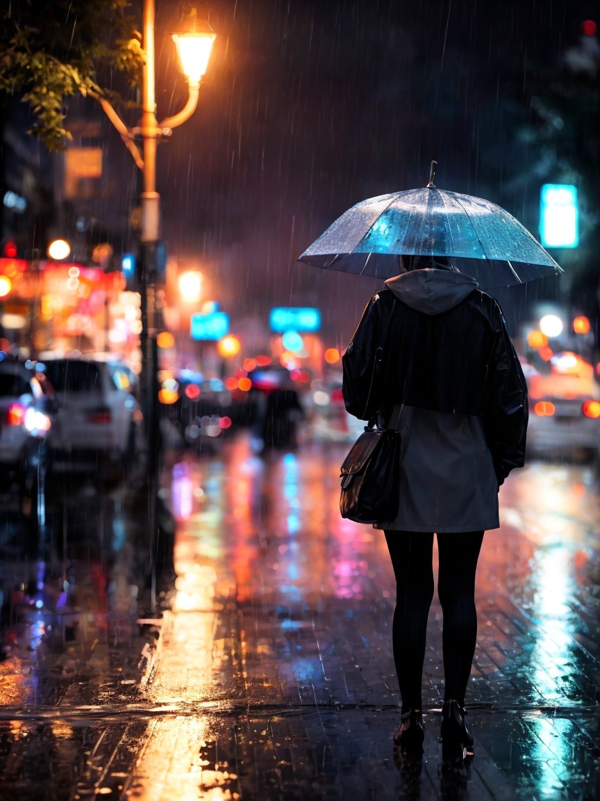 Silhouette of Figure with Umbrella in Rainy City Night