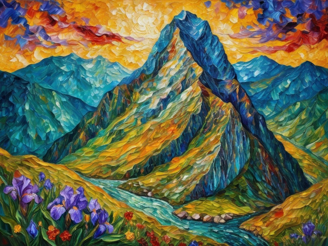 Vibrant Landscape Painting of Mountain and Sunset Sky