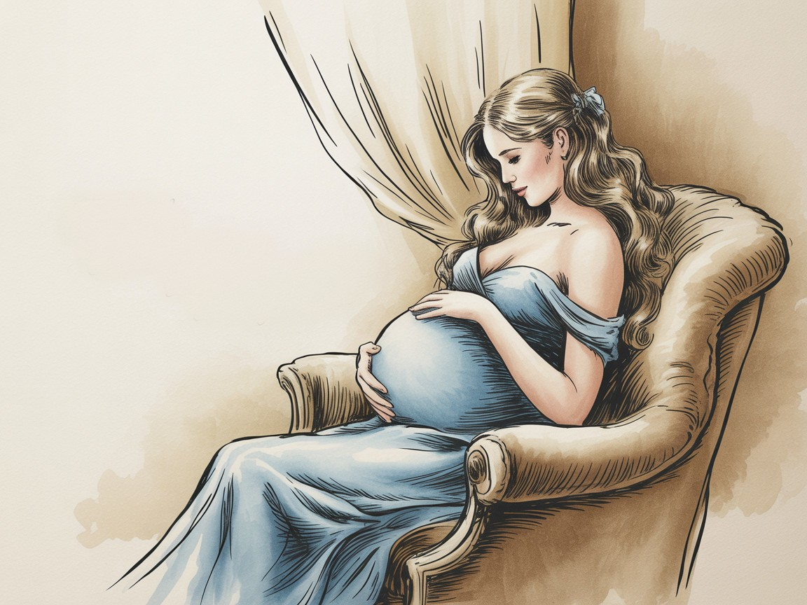 Pregnant Woman in Elegant Chair with Soft Blue Gown