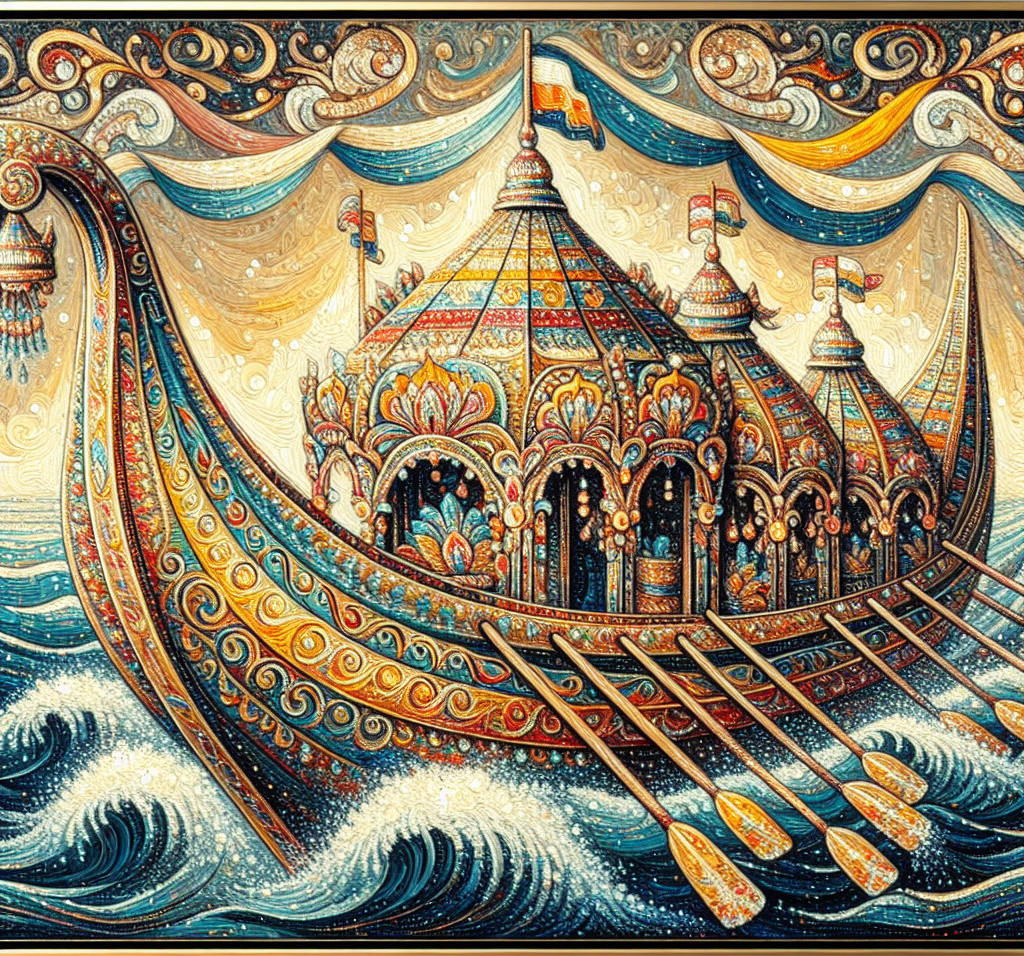 Vibrant Ornate Fairy Tale Ship on Stylized Waves