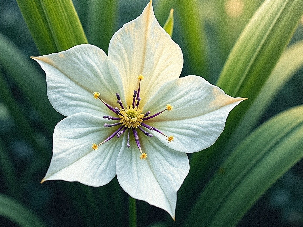 Large White Flower with Yellow Stamens and Green Leaves