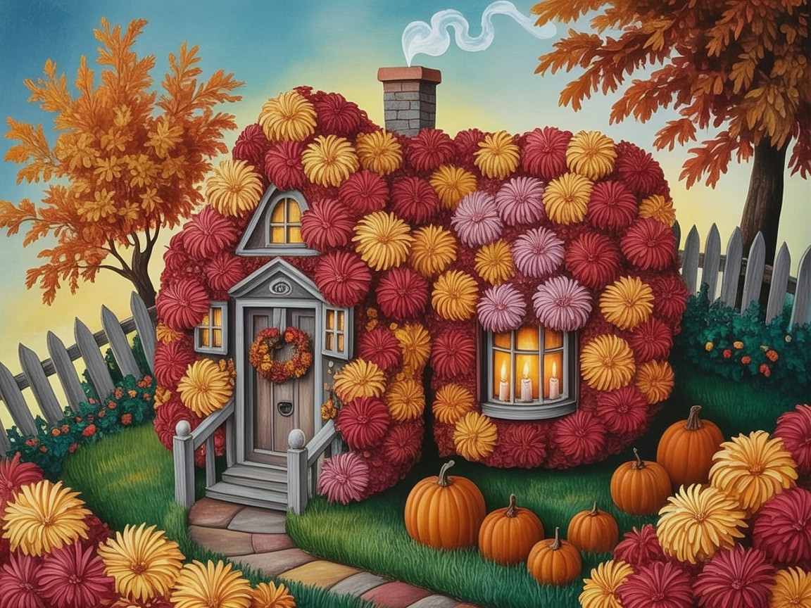 Whimsical Cottage in Autumn Landscape with Flowers