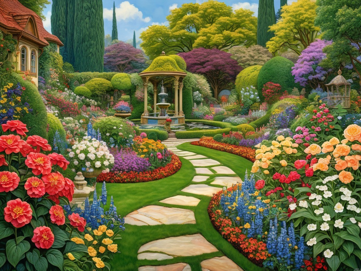 Colorful Cottage Garden with Gazebo and Water Feature