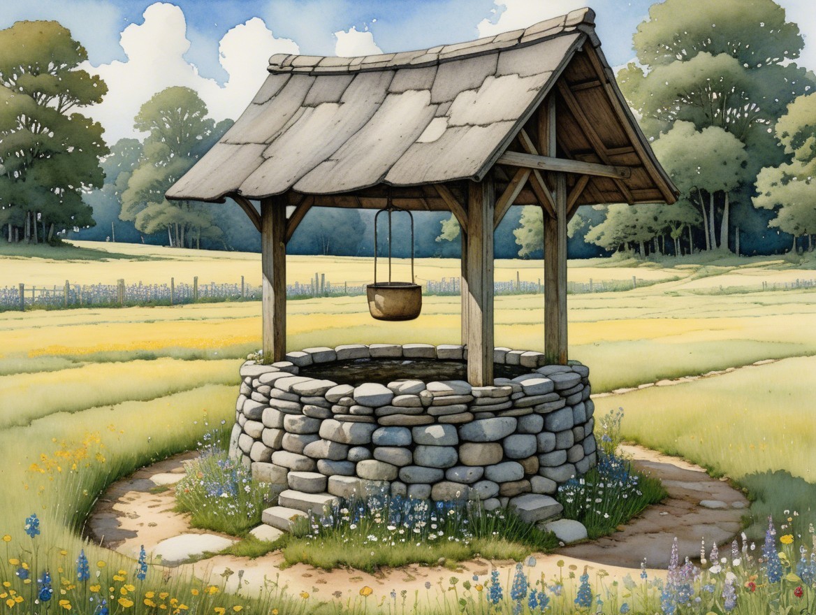 Rustic Well in Sunlit Meadow Surrounded by Wildflowers