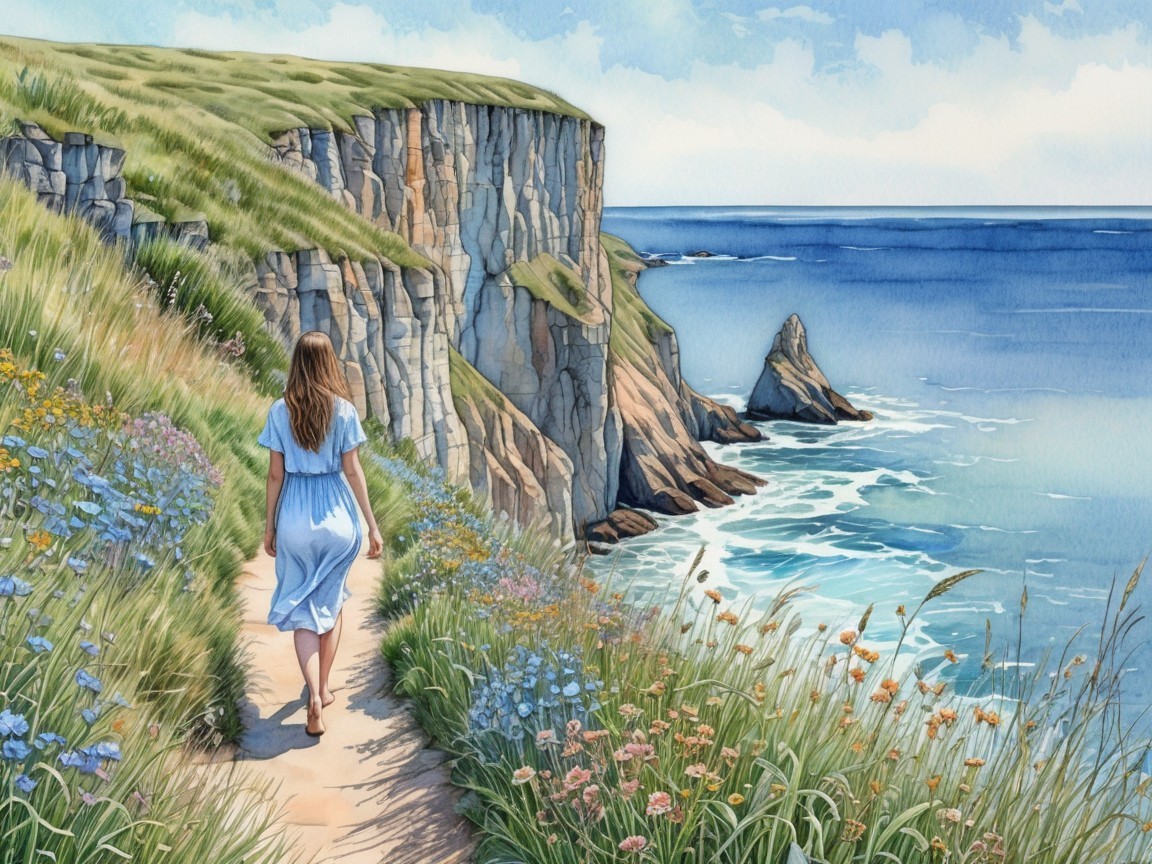 Coastal Scene with Woman on Grassy Pathway and Cliffs