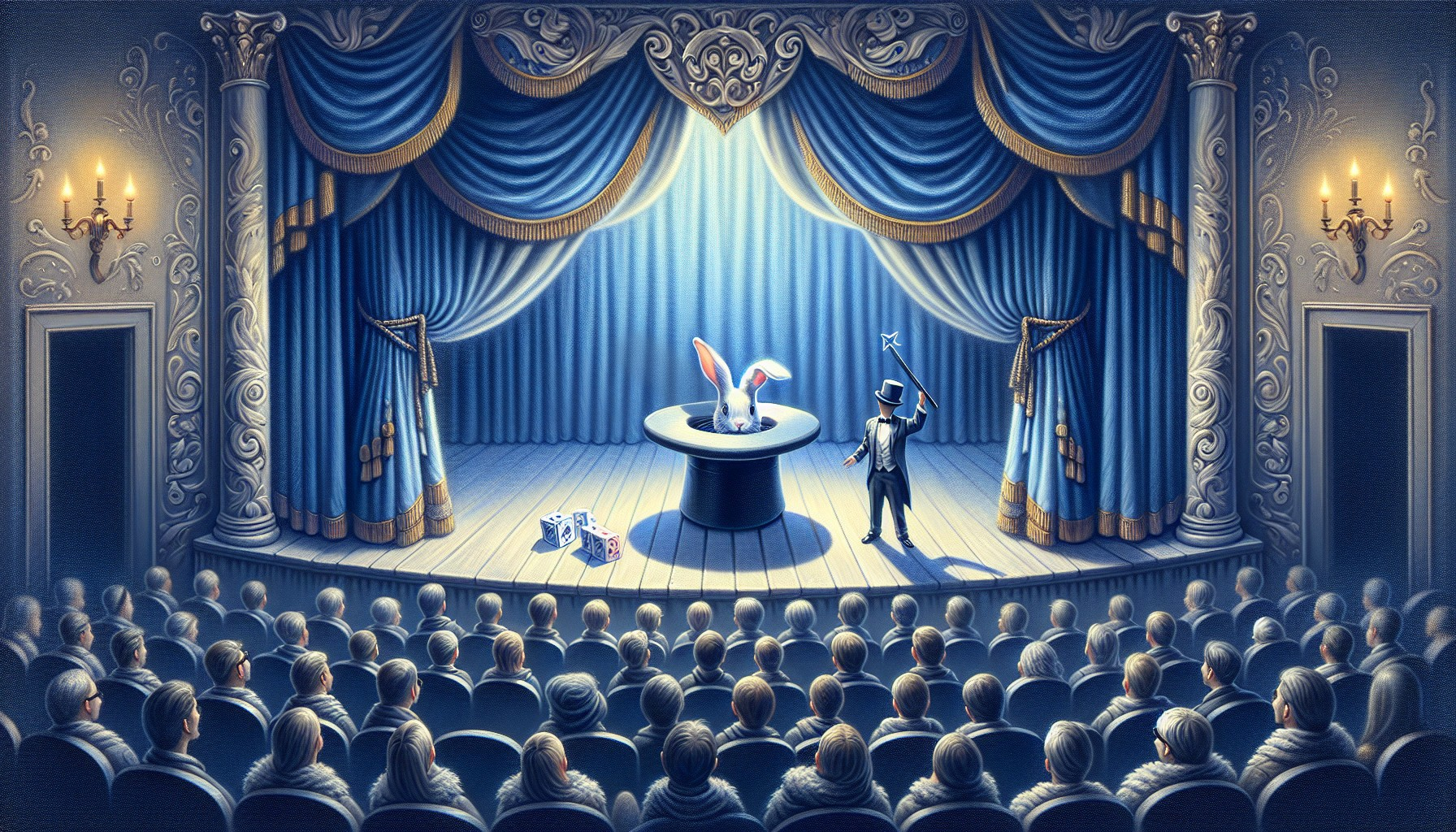 Magician in Tuxedo Performing Rabbit Trick on Stage