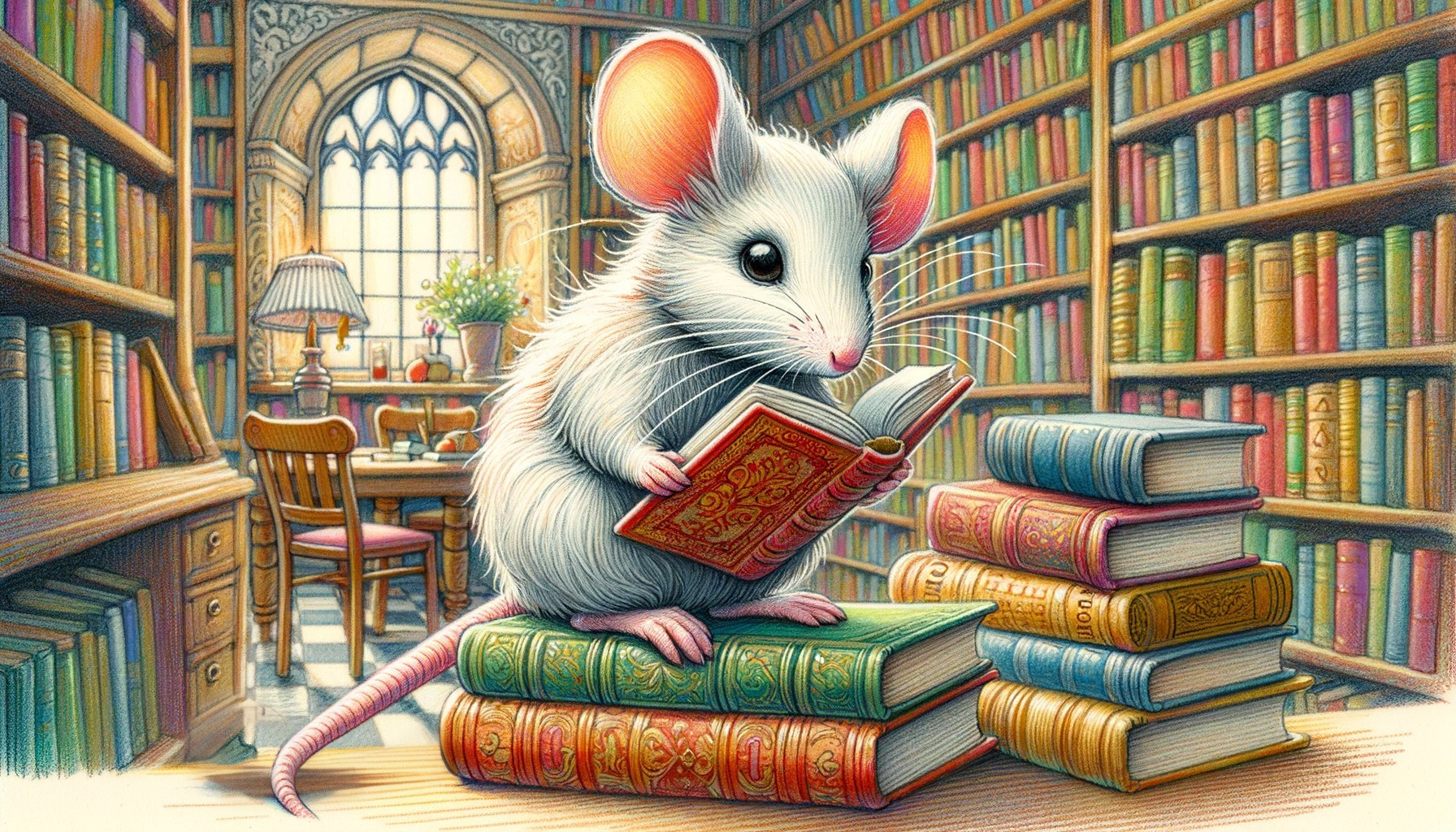 Fluffy White Mouse Reading in Grand Library Setting