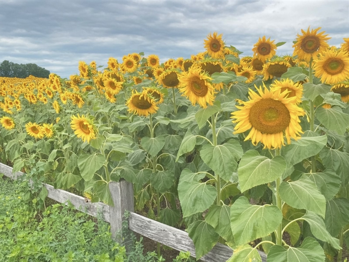 Vibrant Sunflower Field with Rustic Wooden Fence