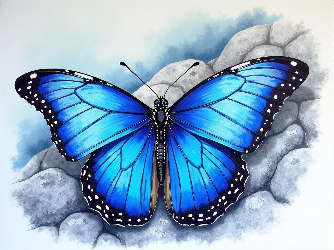 Illustration of a large blue butterfly on rocks