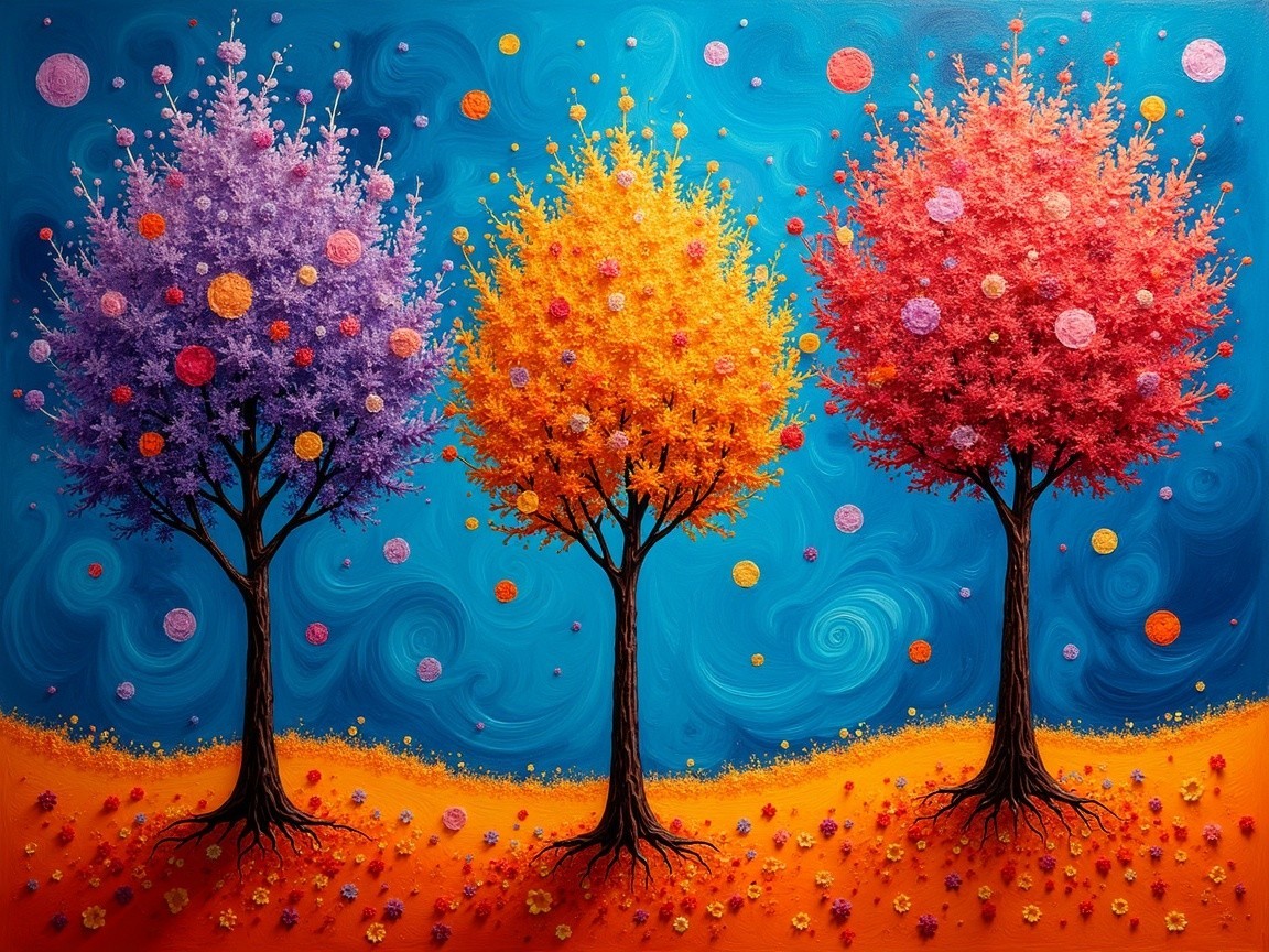 Vibrant Landscape with Colorful Trees and Orbs