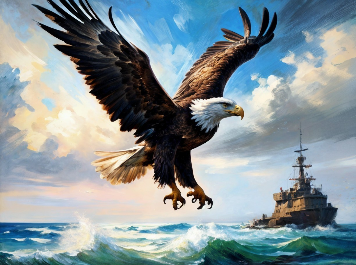 Bald Eagle Soaring Over Ocean with Naval Warship